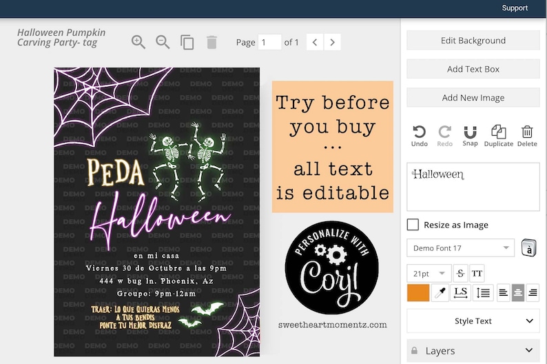 Pu&ograve; includere: Un'etichetta per feste di Halloween con sfondo nero, con ragnatele viola neon e figure di scheletri danzanti. Il testo include "PEDA Halloween" e i dettagli dell'evento in spagnolo e inglese. Un logo dice "Personalize with Corjl".