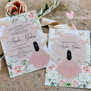 Blush Butterfly Quinceanera Invitation, Butterfly Quinceanera, Rose Gold Quinceanera, Spanish Invitation, 15th Birthday, Butterfly Birthday image 2