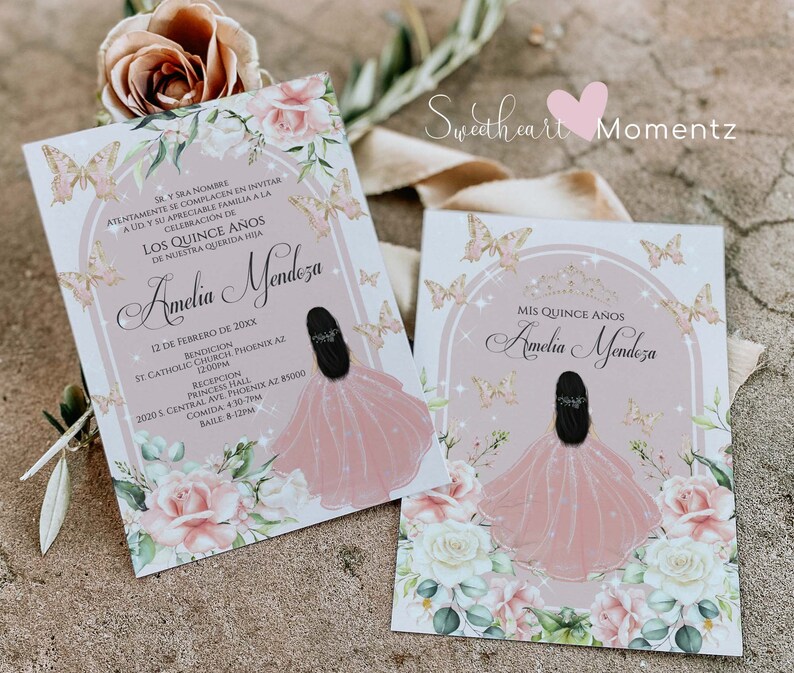 Blush Butterfly Quinceanera Invitation, Butterfly Quinceanera, Rose Gold Quinceanera, Spanish Invitation, 15th Birthday, Butterfly Birthday image 2
