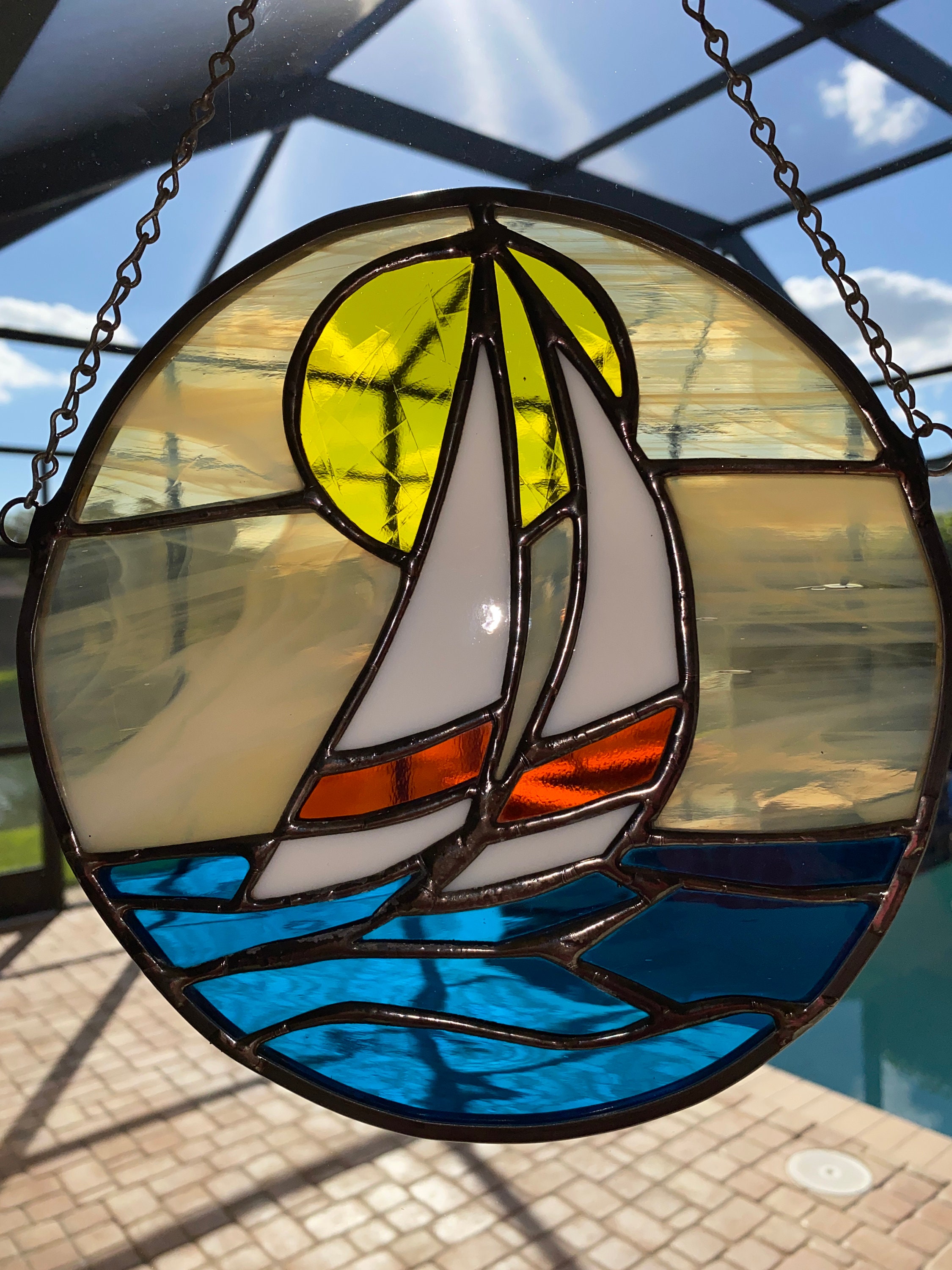 Stained Glass Suncatcher Sailboat on Water 8 inches Handmade Etsy