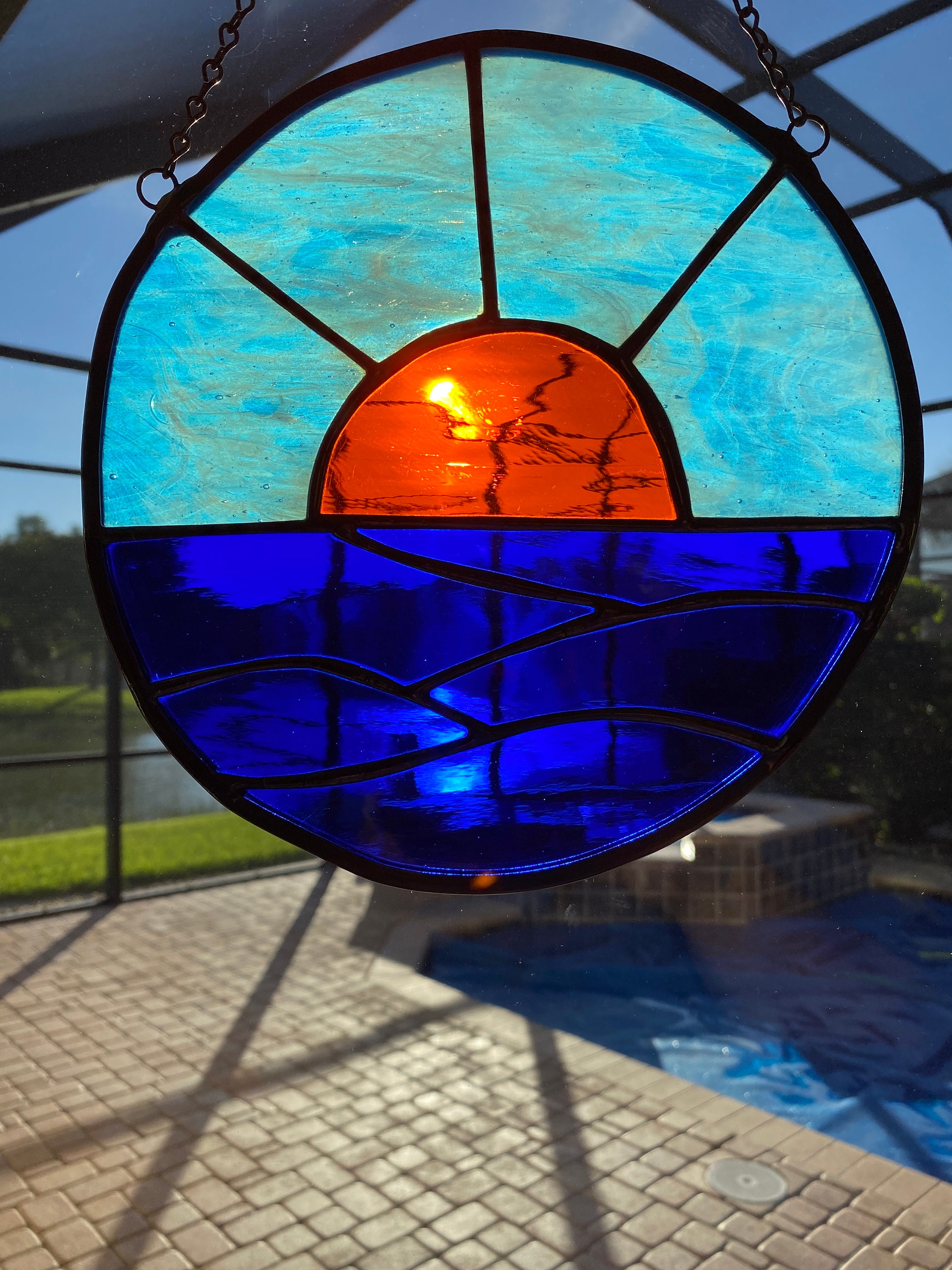 Stained Glass Suncatcher Sunset on Water 8 inches Handmade Etsy