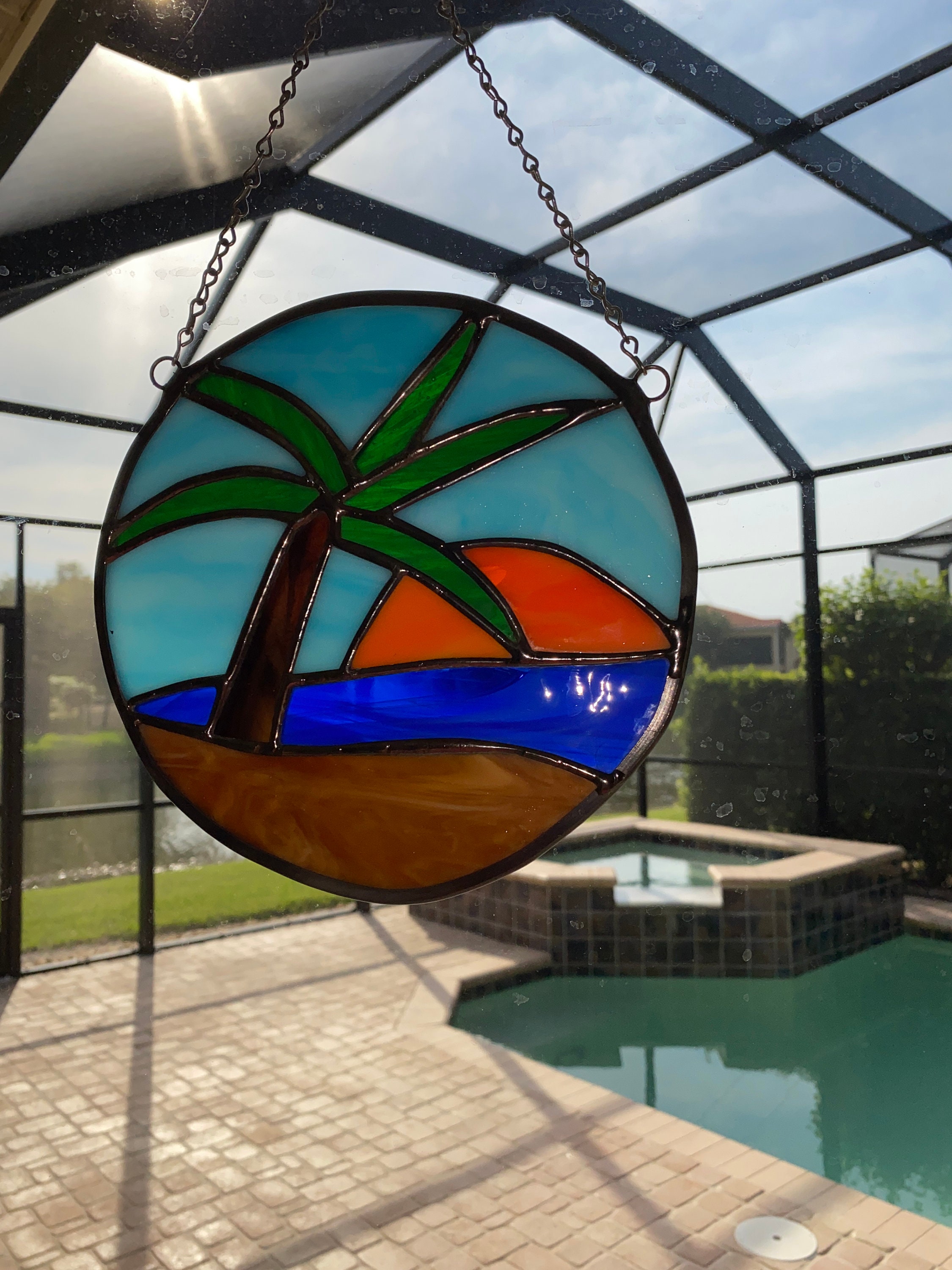 Stained Glass Suncatcher Palm Tree with Sun over Water 7 Etsy
