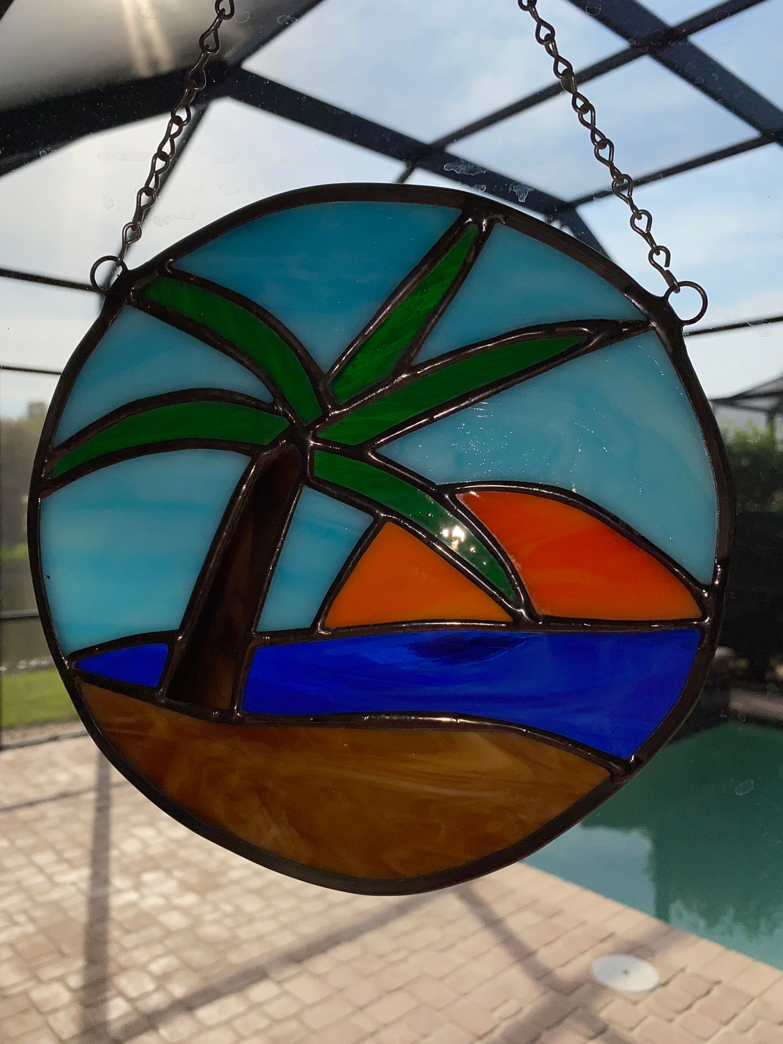 Stained Glass Suncatcher Palm Tree with Sun over Water 7 Etsy