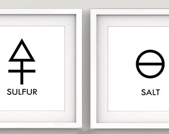Three Alchemy Principles Symbols Print Set (With Text), Sulphur, Salt, Mercury - Minimalist Wall Art - Modern Style Decor - White Background