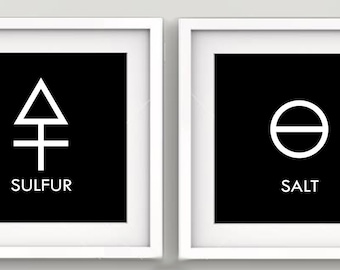 Three Alchemy Principles Symbols Print Set (With Text), Sulphur, Salt, Mercury - Minimalist Wall Art - Modern Style Decor - Black Background