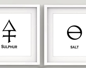 Three Alchemy Principles Symbols Print Set (With Text), Sulphur, Salt, Mercury - Minimalist Wall Art - Old Style Decor - White Background