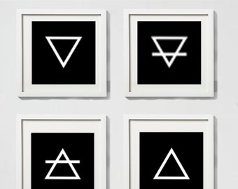 Four Elements Alchemy Symbols Print Set, Fire, Water, Air, Earth - Minimalist Wall Art - Modern Style Decor - Black Background