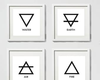 Four Elements Alchemy Symbols (with Text) Print Set, Fire, Water, Air, Earth - Minimalist Wall Art - Modern Style Decor -White Background