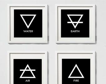 Four Elements Alchemy Symbols (with Text) Print Set, Fire, Water, Air, Earth - Minimalist Wall Art - Modern Style Decor -Black Background