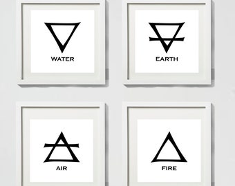 Four Elements Alchemy Symbols (with Text)  Set, Fire, Water, Air, Earth - Minimalist Wall Art Print - Old Style Decor -White Background