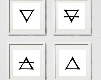 Four Elements Alchemy Symbols Set, Fire, Water, Air, Earth - Minimalist Wall Art Digital - Old Style Decor - White Background