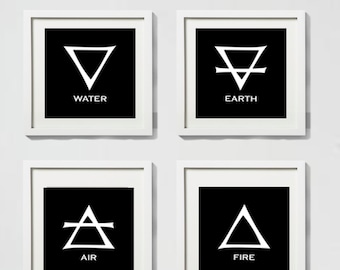 Four Elements Alchemy Symbols (with Text) Set, Fire, Water, Air, Earth - Minimalist Wall Art - Old Style Decor - Black Background