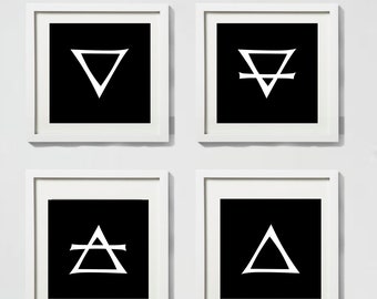 Four Elements Alchemy Symbols Set, Fire, Water, Air, Earth - Minimalist Wall Art Digital - Old Style Decor - Black Background