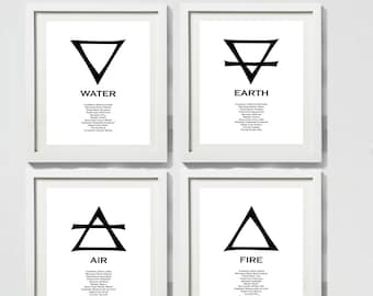 Four Elements Alchemy Symbols (with Details) Print Set, Fire, Water, Air, Earth - Minimalist Wall Art - Old Style Decor - White Background