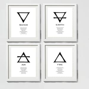 Four Elements Alchemy Symbols (with Details) Print Set, Fire, Water, Air, Earth - Minimalist Wall Art - Old Style Decor - White Background