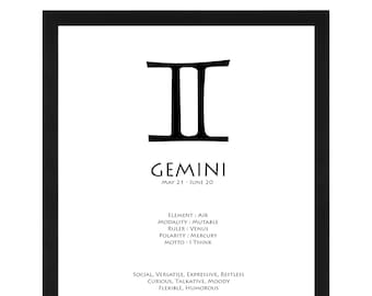 Minimal Black and White Gemini Zodiac Sign - Wall Art Digital - Astrology - Decor