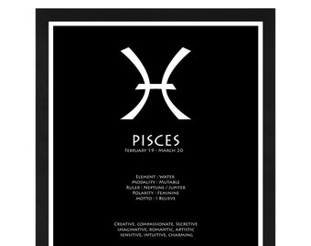 Minimal Black and White Pisces Zodiac Sign - Wall Art - Astrology - Decor