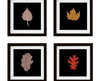 Set of Four Winter (Season) Leaves - Gallery Wall Art Printable Set - Minimalist Nature Wall Art - Black / Dark Background