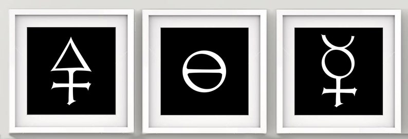 Three Alchemy Principles Symbols Print Set Sulphur Salt Mercury Minimalist Wall Art Old Style Decor Black Background - 