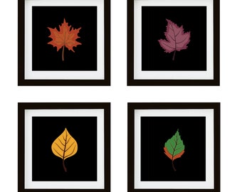 Set of Four Autumn (Fall Season) Leaves - Gallery Wall Art Printable Set - Minimalist Nature Wall Art - Black / Dark Background