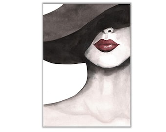 May include: A watercolour painting of a woman's face wearing a black hat. The woman is looking at the viewer with her eyes closed and her lips are painted a bright red.
