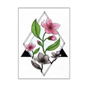 Pink Flower Black and White Geometric Original Watercolor Painting Print