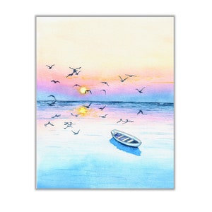 Boat and Birds Reflection Original Watercolor Painting Print Serene Art Boat on Water