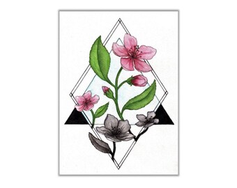 Pink Flower Black and White Geometric Original Watercolor Painting Print