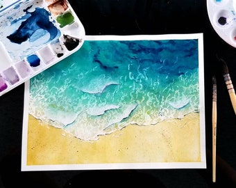 Wave Ocean Beach Original Watercolor Painting Print