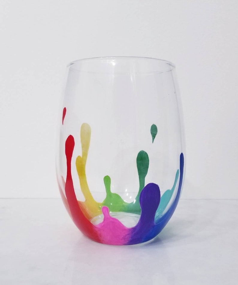 Dripping Paint Rainbow Painted Wine Glass Artist Wine Glass Etsy