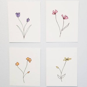 Flower Original Watercolor Painting Simple Minimalist Design Botanical Decor Set of 4