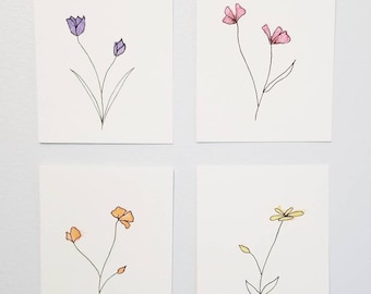 Flower Original Watercolor Painting Simple Minimalist Design Botanical Decor Set of 4