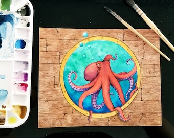 タコの水彩画プリント：気まぐれな海の生き物アート