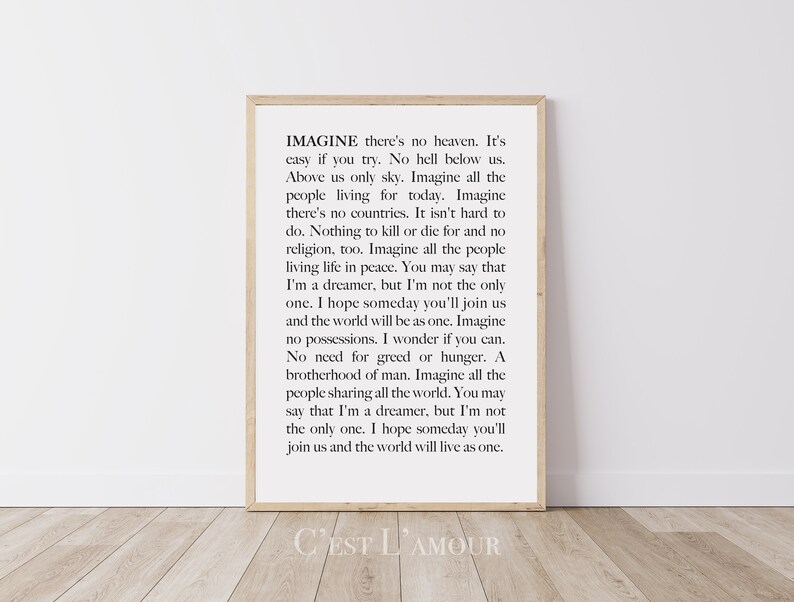 Imagine Lyrics || John Lennon || Song Lyric Print || Inspirational ...