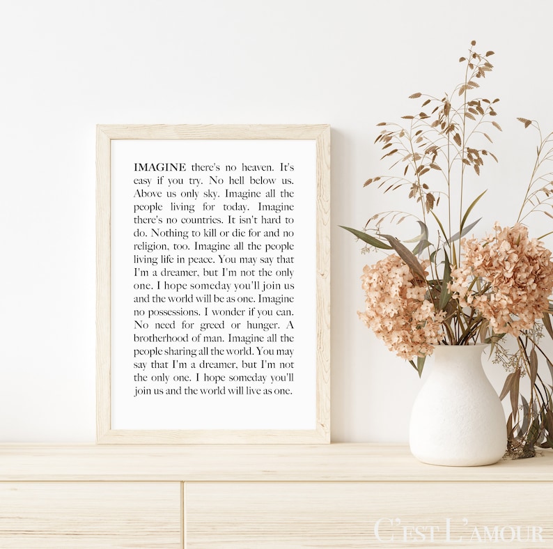 Imagine Lyrics John Lennon Song Lyric Print Inspirational Printable - Etsy