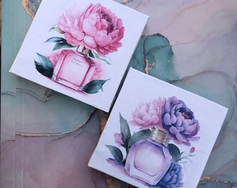 Set of 2 Mini Canvases 10x10 cm Perfume Bottles Illustration Prints