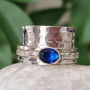 Gifts for Her-Oval cut, blue Sapphire in Sterling Silver, Spinner/Anxiety/Meditation/Tool ring- September Birthstone-Grounding tool