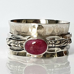 Gifts for Her-July's birthstone- A+ Indian Royal Ruby oval cab in Sterling Silver, Spinner/Anxiety/Stress/Fidget/nail biting ring