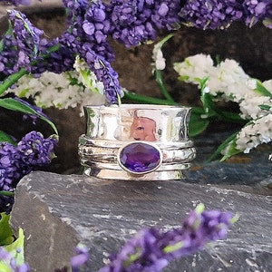 Gifts for Her-February birthstone-AMETHYST in Solid Sterling Silver, Spinner/Anxiety/Meditation/Tool Ring