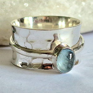 Raw Aquamarine cabochon stamped 925 Silver plated Spinner/Anxiety tool ring. Birthstone, March-jewellery