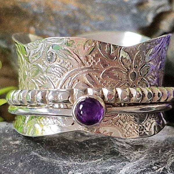 Gifts for Her- Cabochon cut, AMETHYST in Solid Sterling Silver, Spinner/Anxiety ring/Grounding tool-February birthstone