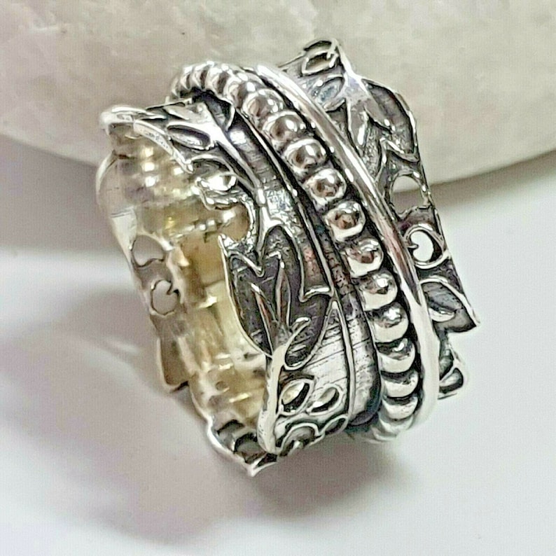 elegant sterling silver spinner anxiety stress ring floral bohemian