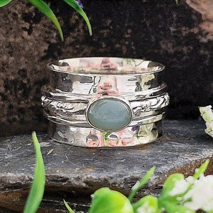 Raw Blue Aquamarine cabochon in Sterling Silver, Spinner/Anxiety ring. Birthstone, March- Gifts for Her-ladies Jewellery