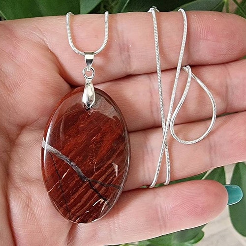 Gifts for Her- Red snakeskin Jasper Crystal Gemstone Necklace- Silver plated store snake chain-16