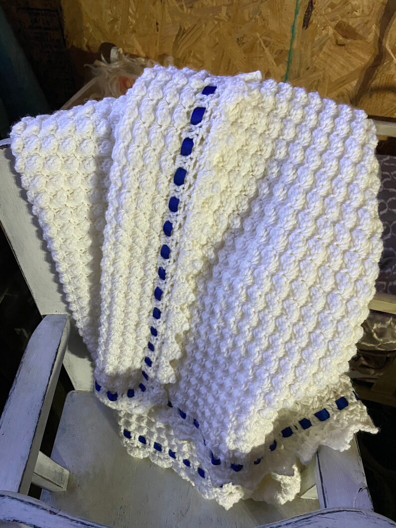 Crocheted baby blanket with ribbon border Etsy