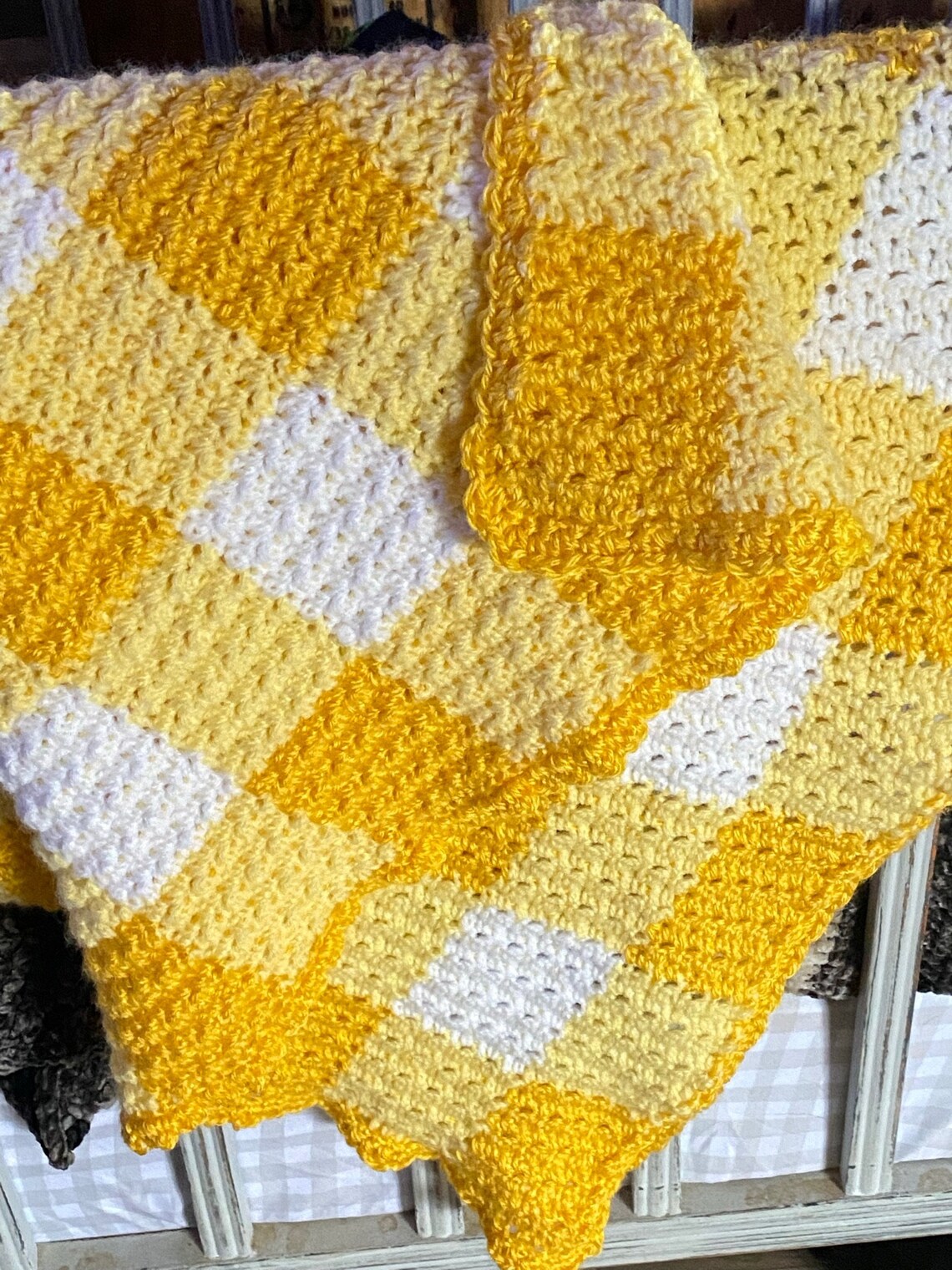 Gingham Yellow Baby Blanket, Crocheted Etsy