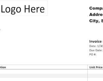 May include: A blank invoice template with the text "Your Logo Here" at the top, "Invoice" as the title, and fields for "Bill to:", "Vendor Name", "Address", "City, St, Zip", "Company Name", "Address", "City, St, Zip", "Invoice #", "Date", "Due Date", "PO #", "Qty", "Description", "Unit Price", and "Total".