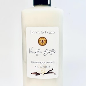 Natural Vanilla Butter Hand and Body Lotion, 8oz, Made with Shea Butter, Cocoa Butter, Deep Moisturizing Lotion, Vegan, Soothing Body Cream
