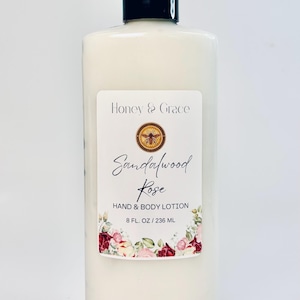 Natural Sandalwood Wood Rose Hand and Body Lotion with Shea butter, Cocoa Butter, Mango Butter, Non Greasy 8oz bottle
