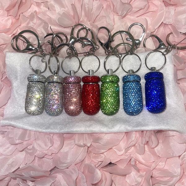 BLING pill box container keychain!!   Gorgeous sparkly attachment to keychain.  Perfect for ibuprofen or acetaminophen.